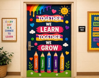 Classroom Door Decor Kit PNG | Together We Learn We Grow | Printable Pencil Bulletin Board Set | Back to School Teacher Decoration