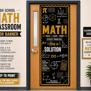 May include: A black and gold rectangular door banner featuring mathematical formulas, geometric shapes, and the text "MATH SOLVE LEARN GROW EVERY PROBLEM HAS A SOLUTION". The banner is displayed on a wooden door with a silver handle and a window.