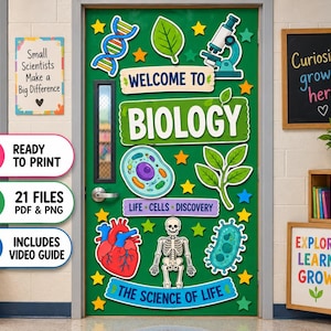 May include: A green classroom door decorated with biology-themed cutouts including a DNA strand, microscope, cell, heart, skeleton, and bacteria. Text includes Welcome to Biology, Life Cells Discovery, and The Science of Life with yellow stars.