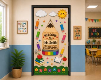 Pencil Classroom Door Decor Bundle Including Classroom door sign PNG | Editable Teacher Name Sign | Kindergarten Door Decor