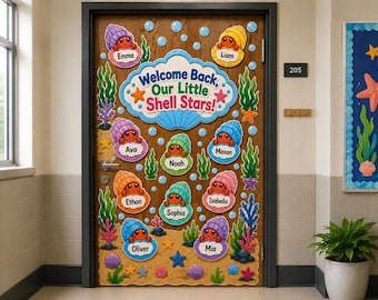Shell Stars Classroom Door Decor Bundle |50 Ocean Classroom PNG Files |Hermit Crab Name Tags |Classroom themes Door Kit |Bulletin Board Kit