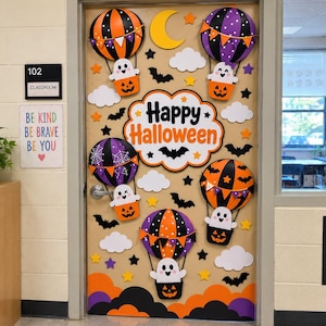 May include: A classroom door decorated for Halloween with five hot air balloon cutouts featuring ghosts in jack-o'-lantern baskets. The door displays a central sign reading Happy Halloween, surrounded by white clouds, black bats, yellow stars, and a yellow crescent moon.