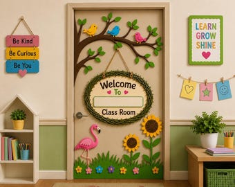 Woodland Bulletin Board Cutouts, Tree Branch Birds Flamingo Sunflower Classroom Door Decor, Welcome Sign Bulletin Board Set