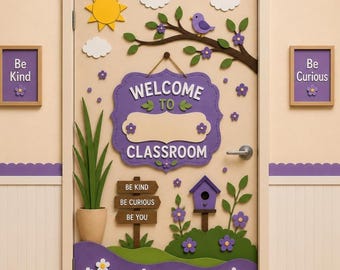 Editable Purple theme Spring Classroom Door Decor Kit |Classroom Door Decorations | Welcome Door Decor |Bulletin Board Decor |Canva Template