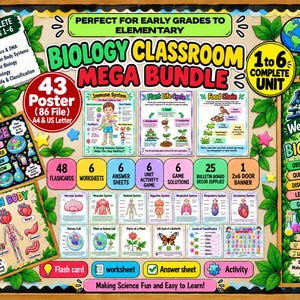 May include: A Biology Classroom Mega Bundle digital display featuring 43 posters, 48 flashcards, 6 worksheets, 6 answer sheets, 6 unit activity games, 6 game solutions, 25 bulletin board decor supplies, and 1 door banner for early grades to elementary.