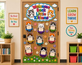 Editable Cat Classroom Door Decor | Welcome Back Little Kittens | Canva Template | Student Name Tags | Back to School Door Decor
