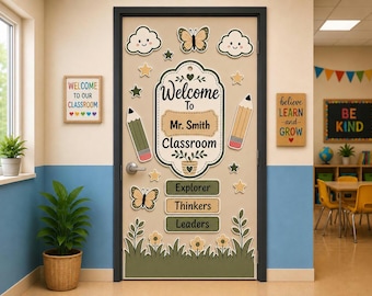 Sage Green Classroom Door Decor Bundle, Printable Welcome Sign, Boho Woodland Door Kit, Editable Door Decoration, Teacher Door Display PNG