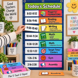 May include: A blue classroom schedule pocket chart with colourful subject cards labelled Today's Schedule. The chart displays time slots and activities like Reading, Writing, Math, Gym, and Assembly. Additional subject cards are in a white bin below.