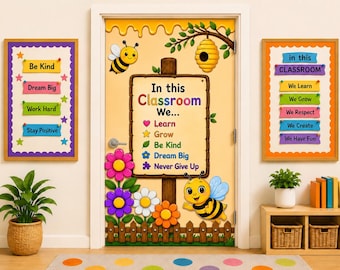 Bee Garden Classroom Sign Bundle | Editable Canva Welcome Sign + Beehive Flower Clipart PNG | Printable Bee Theme Door Decor