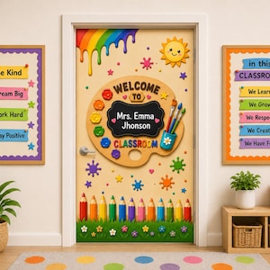 May include: A classroom door decoration set featuring a central paint palette sign with the text Welcome to Mrs. Emma Jhonson Classroom, surrounded by colorful paint splatters, a sun, rainbow drips, and a row of pencils above green grass.