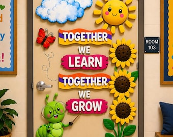 Spring Classroom Door 29 Cutouts, Sunflower Caterpillar Bulletin Board Set, Together We Grow Door Decor, Printable Teacher Homeschool Kit