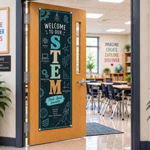 May include: A vertical rectangular banner mounted on a wooden door featuring a dark teal background with white and light blue line art icons. The text reads "WELCOME TO OUR STEM", "Think-Build-Innovate", "EXPLORE CREATE SOLVE MAKE A DIFFERENCE".