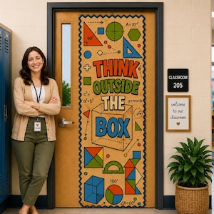 May include: A vertical classroom door banner featuring the text 'THINK OUTSIDE THE BOX' in large, colorful letters. The design includes various geometric shapes, mathematical formulas, and a 3D cube illustration on a tan background with a blue border.