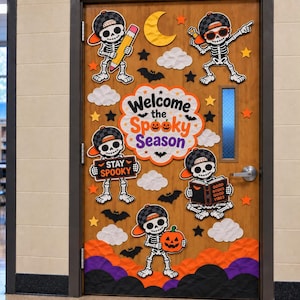 May include: A wooden door decorated with Halloween-themed cutouts featuring five skeletons wearing baseball caps, white clouds, black bats, orange stars, and a central sign that reads Welcome the Spooky Season with two small pumpkins.