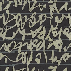 May include: Black fabric with a white abstract pattern of squiggly lines and shapes. The fabric has a subtle striped texture.