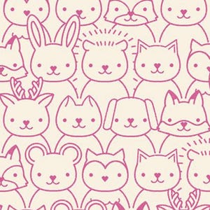 May include: A pink and white fabric with a repeating pattern of various animal faces, including a fox, rabbit, deer, cat, dog, and hedgehog. The animals are outlined in pink and have simple facial features.