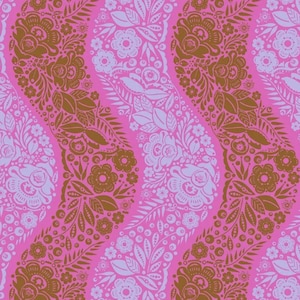 May include: A repeating pattern featuring a pink background with wavy vertical stripes. The stripes are filled with floral and leaf designs in shades of brown, white, and light purple. The overall design is intricate and detailed.