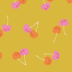 May include: A repeating pattern of cartoon cherries in shades of pink and orange with smiling faces and white stems. The cherries are set against a mustard yellow background.