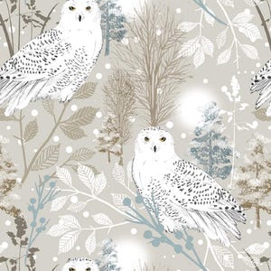 May include: A repeating pattern featuring snowy owls, trees, and foliage in a winter scene. The owls are white with black markings and yellow eyes. The background is a light gray with accents of brown, blue, and white.