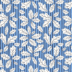 May include: A seamless pattern featuring white oak leaves on a blue background with thin white stripes. The leaves are outlined in black and have a hand-drawn style.