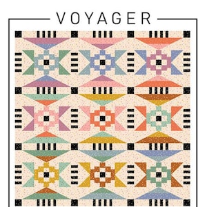 May include: A quilt pattern called "Voyager" by Taralee Quiltery. The pattern features a geometric design with a mix of pink, orange, yellow, green, blue, and brown colors. The pattern is available in three sizes: baby (44" x 44"), throw (64" x 64"), and bed (85" x 85").