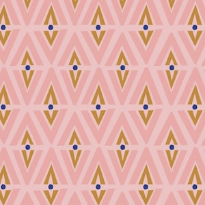 May include: A seamless pattern featuring a repeating geometric design of pink, gold, and blue triangles and dots.