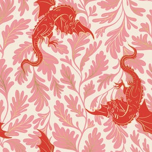 May include: A repeating pattern featuring red dragons with outstretched wings and tails, set against a backdrop of pink and gold-veined leaves on a cream-colored background. The design has a whimsical, fantasy theme.