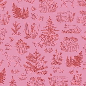 May include: A seamless pattern featuring a variety of woodland creatures and plants in a red-brown color on a pink background. The pattern includes deer, foxes, birds, mushrooms, ferns, and flowers.