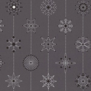 May include: A seamless pattern of white snowflake designs on a dark gray background. The snowflakes are in various shapes and sizes, with some having a more geometric look and others having a more traditional snowflake design.