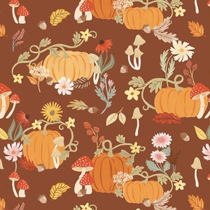 May include: A seamless pattern featuring orange pumpkins, red and white mushrooms, brown leaves, and yellow flowers on a brown background.