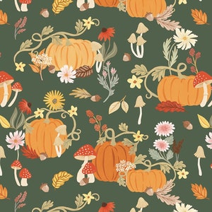 May include: A seamless pattern featuring orange pumpkins, red and white mushrooms, yellow flowers, and green leaves on a dark green background.