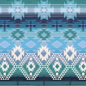 May include: A digitally printed fabric with a Southwestern-inspired design. The pattern features geometric shapes in shades of blue, teal, and cream, arranged in horizontal bands. The background has a wood grain texture, adding depth to the design.