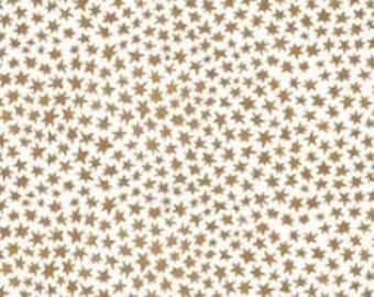 May include: A white background with a repeating pattern of small gold stars.