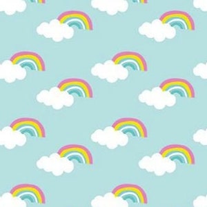 Timeless Treasures Gnome Sweet Home Cute Rainbows Aqua