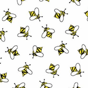 May include: A repeating pattern on a white background featuring small, stylized bees. Each bee is illustrated with yellow and black striped bodies, thin black antennae, and white wings outlined in black, oriented in various directions across the surface.