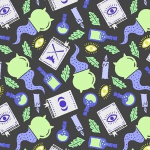 May include: A seamless pattern featuring a variety of witchy illustrations on a dark gray background. The pattern includes cauldrons, potion bottles, candles, eyes, leaves, and books with magical symbols.