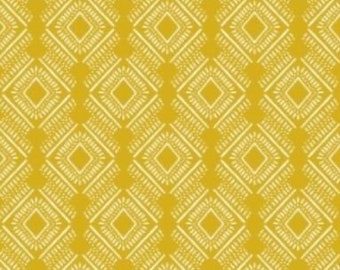 May include: A yellow fabric with a white geometric pattern of repeating diamonds. The diamonds are outlined with a white line and have a white pattern inside.