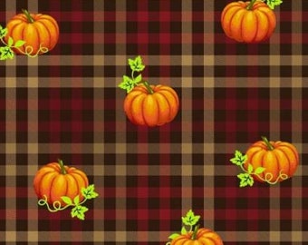 May include: A seamless pattern of orange pumpkins with green leaves on a red and brown plaid background.