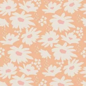 May include: A seamless pattern featuring white stylized flowers with pink centers on a peach background.