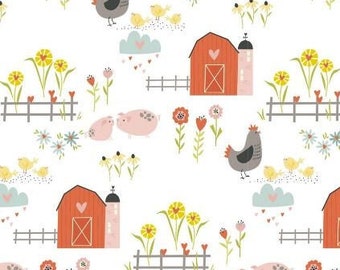 FAT QUARTER Poppie Cotton My Heart Belongs to My Farmer Sweetheart Farm White