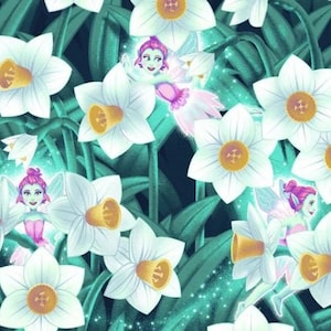 May include: A repeating pattern featuring white daffodils with yellow centers and green foliage on a dark background. Small winged figures with pink hair and dresses are interspersed among the flowers, surrounded by a soft glowing light effect.