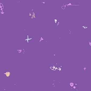 May include: A purple background with scattered, colorful scribbles and small shapes. The design includes white, pink, yellow, and blue elements, creating a playful and abstract pattern. The overall aesthetic is whimsical and artistic.