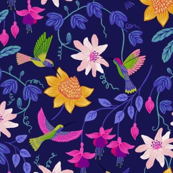 Lewis & Irene - Hibiscus Hummingbird - Hummingbird Large Floral - Dark Blue