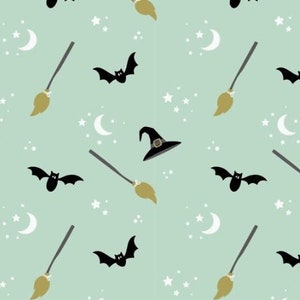 May include: A seamless pattern featuring black bats, gold broomsticks, witch hats, white stars, and crescent moons on a light green background.