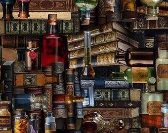Timeless Treasures MAD SCIENTIST Packed Magic Books & Potions Multi