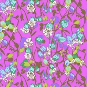 May include: A vibrant floral pattern featuring a bright pink background. The design includes delicate white, blue, green, and purple flowers with brown stems and leaves, creating a lively and colorful botanical print.