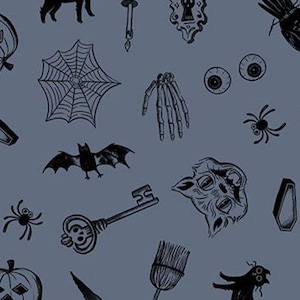 May include: A blue fabric with a black and white repeating pattern of Halloween themed illustrations. The pattern includes cats, bats, spiders, pumpkins, keys, a cauldron, a witch's hat, and a skeleton hand.
