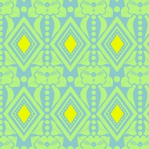 May include: A repeating pattern of green and yellow geometric shapes on a light blue background. The pattern features stylized flowers with eyes and a diamond shape with a yellow center.