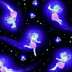 May include: A black fabric with a repeating pattern of fairies and fireflies. The fairies are wearing pink dresses and have green wings. The fireflies are glowing yellow.