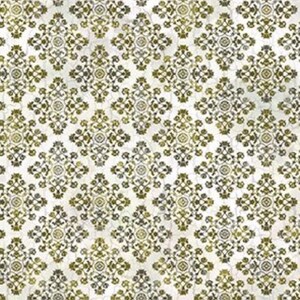 May include: A repeating pattern featuring a floral design in shades of olive green and gold on a cream-colored background. The pattern is symmetrical, with each floral element arranged in a grid-like fashion.